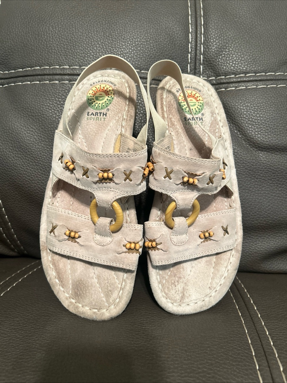 Earth Spirit Beige Suede Slingback Sandals with Bead Accents 7.5